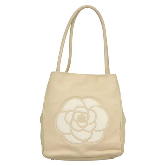 CHANEL Camelia Tote Bag Leather Beige CC Auth 128453 - Picture 1 of 14